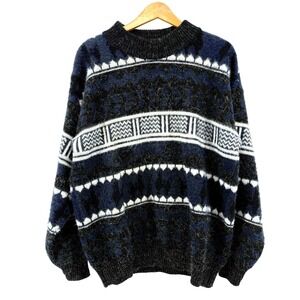 Vtg 90's Tejidos Ruminahui MENS LARGE PRE-OWNED Handmade Wool Sweater Black/Blue